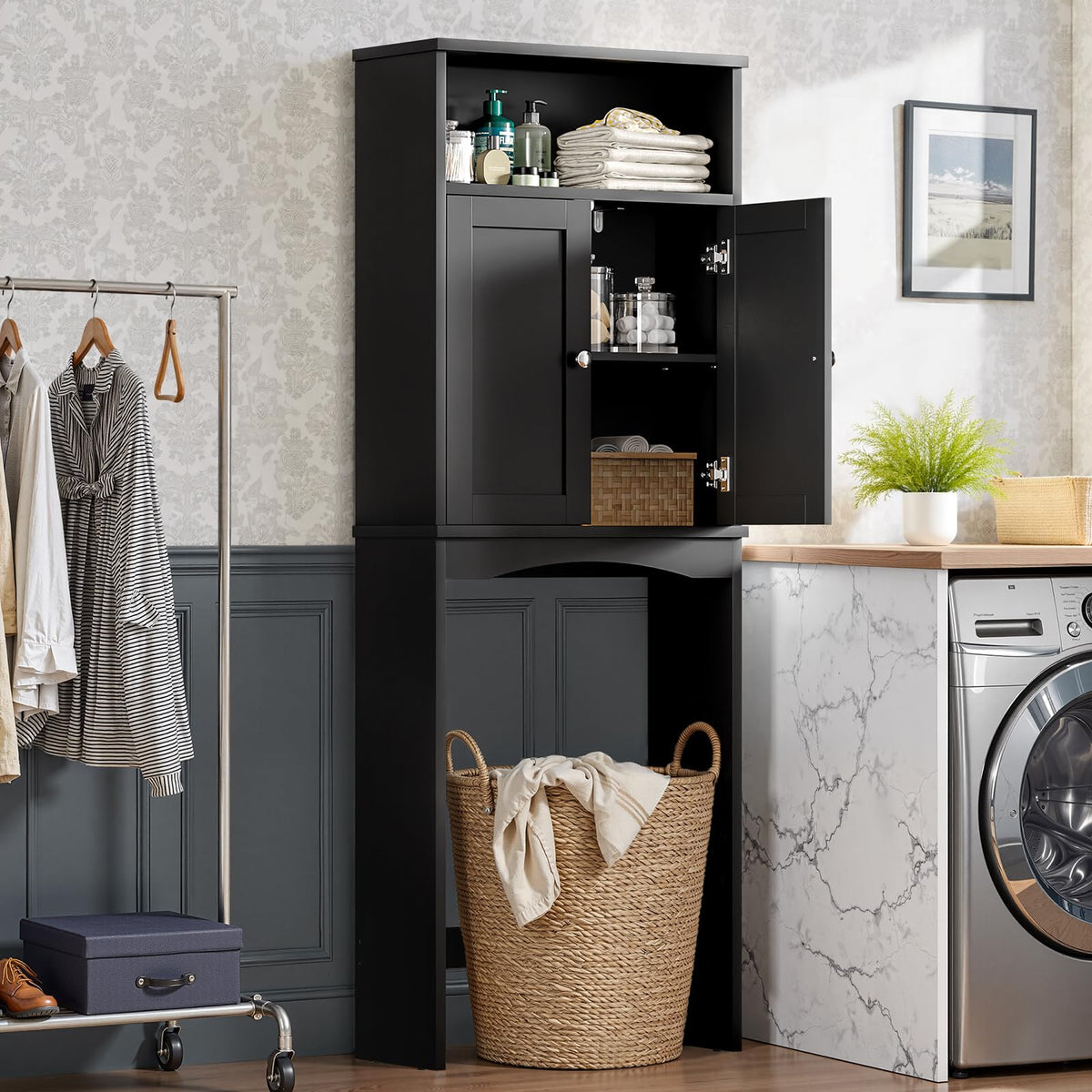 Over The Toilet Storage Cabinet with Adjustable Shelf and Double Door, Black W931253