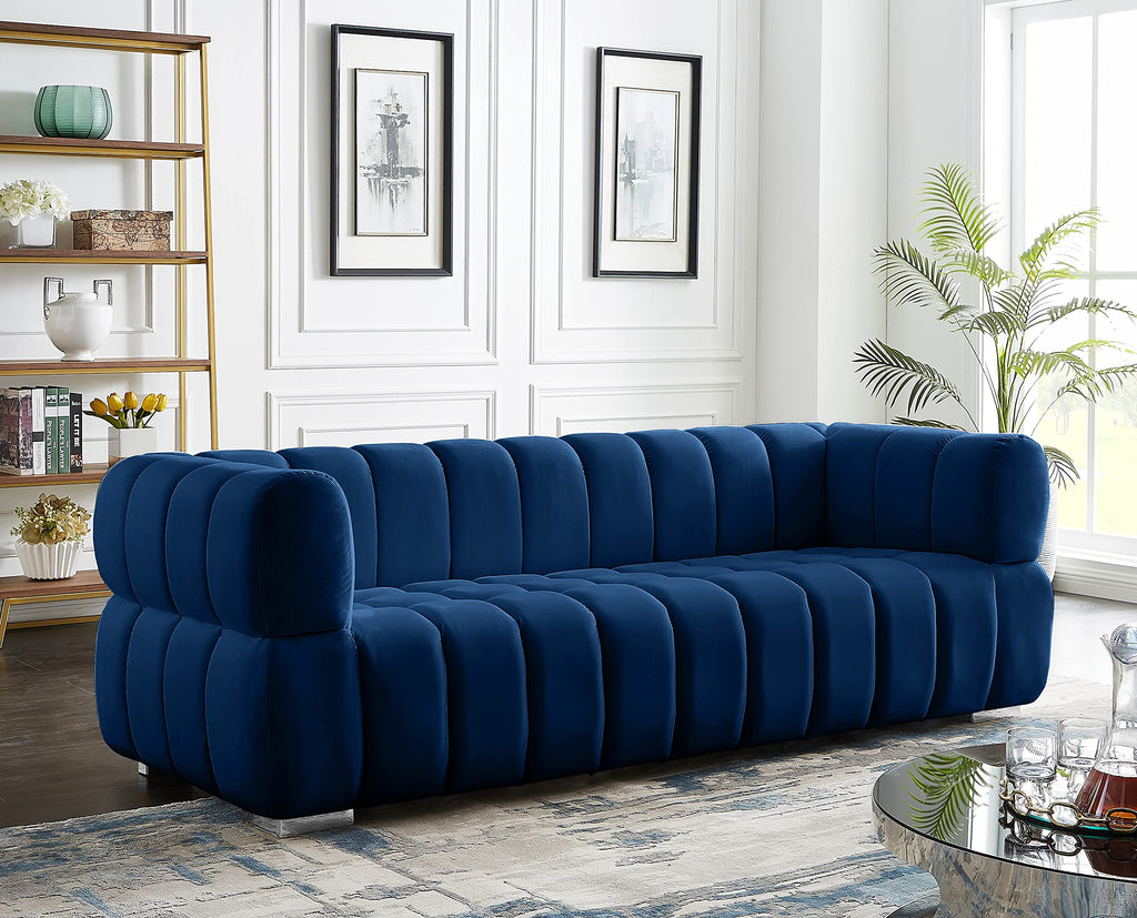 Navy Velvet Upholstered Sofa with Deep Biscuit Tufting C841