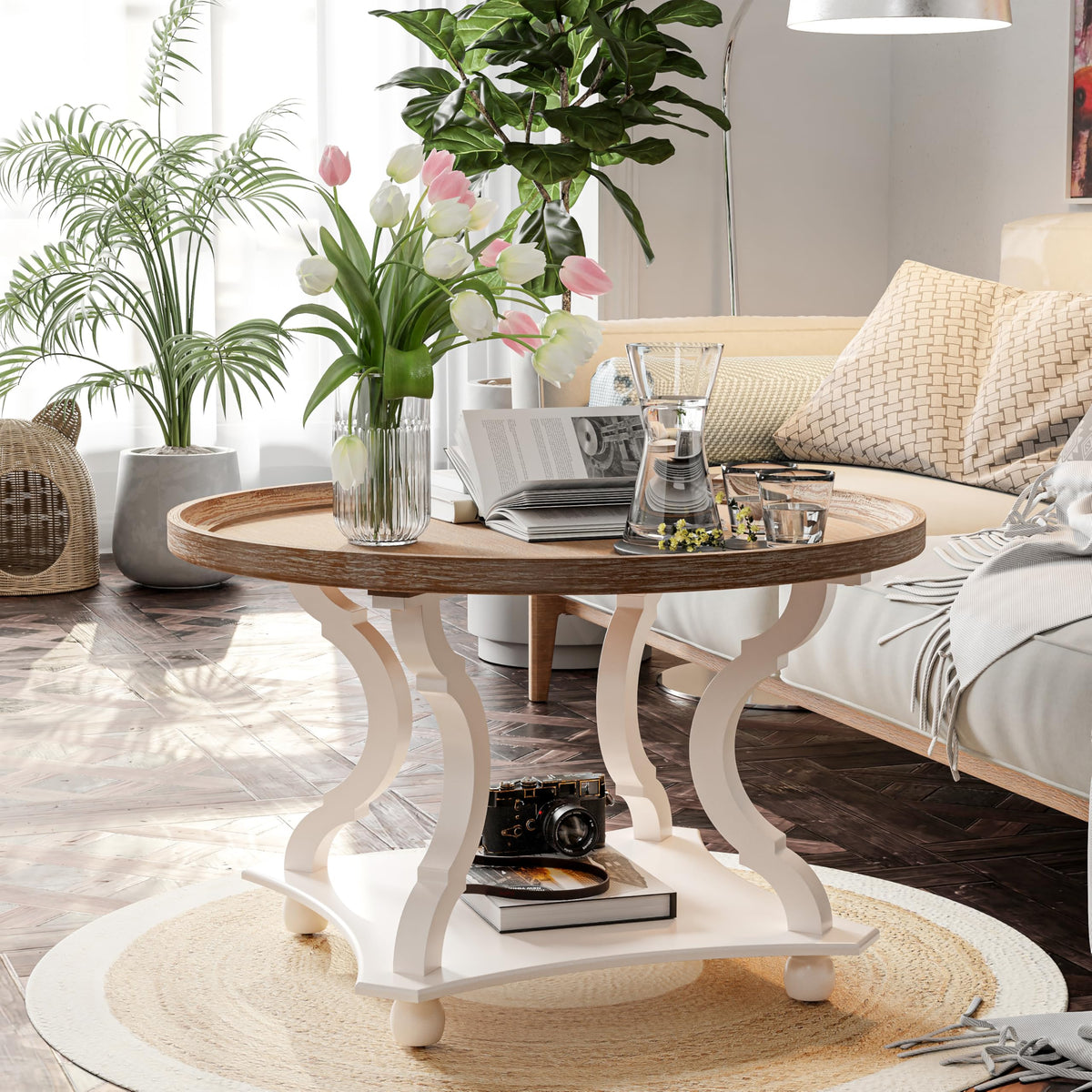 Round White Coffee Table with Tray Top O538019