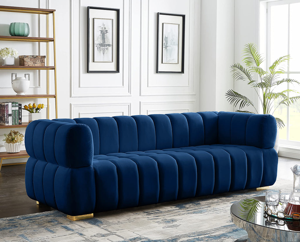 Navy Velvet Upholstered Sofa with Deep Biscuit Tufting C841
