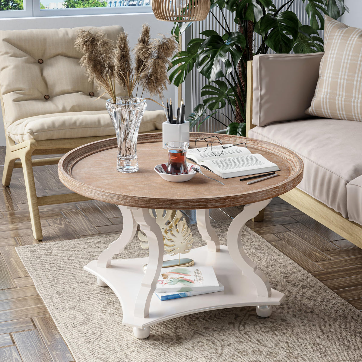 Round White Coffee Table with Tray Top O538019