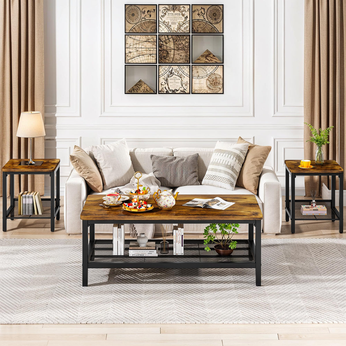 3-Piece Coffee Table Set with 2 Square End Side Tables Q3331
