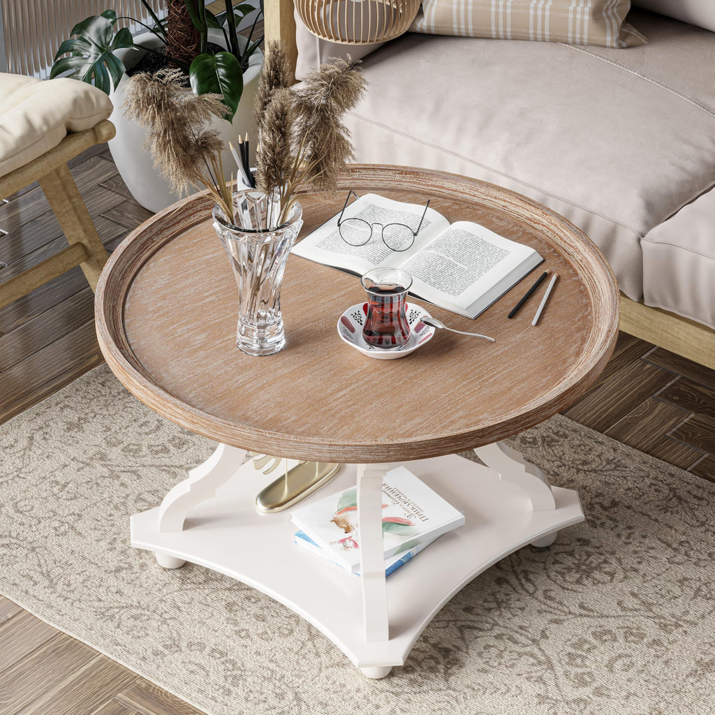 Round White Coffee Table with Tray Top O538019